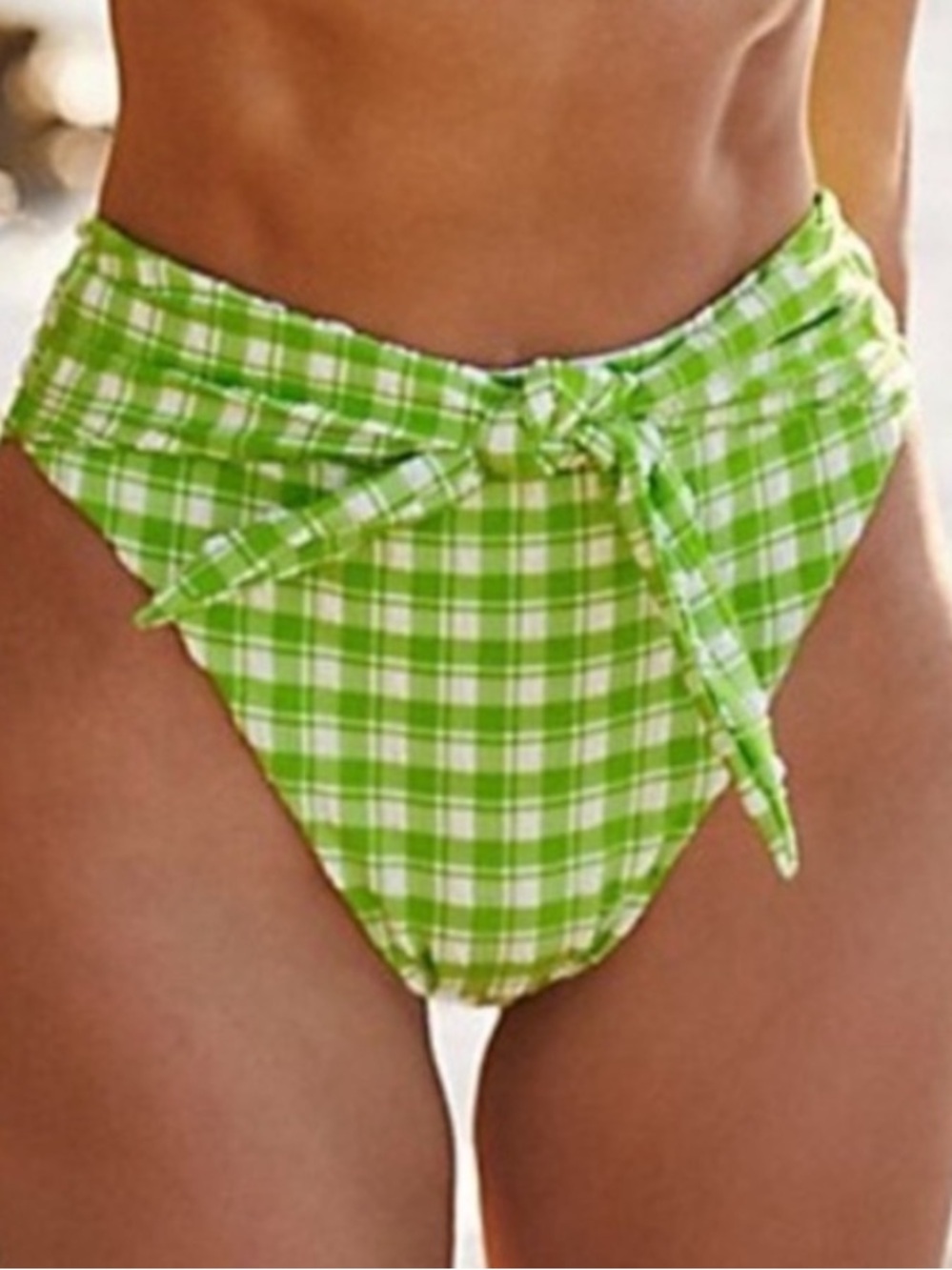 Montce Swim Gingham Paula Tie Up Bikini Bottoms High Rise Green White Small NEW